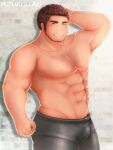  1boy abs alternate_pectoral_size arm_behind_head arm_hair axis_powers_hetalia bara beard black_pants blush brown_hair bulge chest_hair facial_hair hairy highres large_pectorals male_focus mature_male mono_(3436234) muscular muscular_male navel navel_hair nipples pants pectorals short_hair solo stomach thick_eyebrows thick_thighs thighs topless_male turkey_(hetalia) 