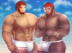  2boys abs bara beard blush bulge cowboy_shot cyborg dark-skinned_male dark_skin eyebrow_cut facial_hair fidgeting fishnet_legwear fishnets flaming_eye hand_on_another&#039;s_shoulder hephaestus_(housamo) highres large_pectorals male_focus male_swimwear mature_male mono_(3436234) multiple_boys muscular muscular_male nipples official_alternate_costume pectorals red_eyes short_hair smile stomach swim_briefs talos_(housamo) thick_eyebrows thick_thighs thighs tokyo_afterschool_summoners topless_male undercut very_dark_skin white_male_swimwear 