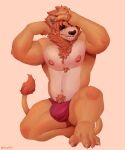  absurd_res anthro barazoku boxers_(clothing) bulge claws clothing felid feline hair hi_res lion male mammal mane muscular nipples pantherine paws pecs red_clothing red_underwear smile smirk snaftfc solo underwear yellow_body 