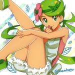  1girl bangs closed_mouth commentary_request dark-skinned_female dark_skin flower green_eyes green_footwear green_hair green_headband grey_overalls headband holding holding_flower kanimaru leaf long_hair mallow_(pokemon) overall_shorts overalls pink_flower pink_shirt pokemon pokemon_(anime) pokemon_sm_(anime) shirt shoes smile solo swept_bangs twintails 