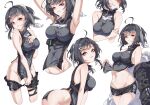  1girl absurdres ahoge arknights armpits arms_up bangs bare_arms bare_shoulders black_hair black_shorts breasts bustier commentary_request eyebrows_visible_through_hair grey_eyes grey_shirt groin hair_intakes highres la_pluma_(arknights) large_breasts looking_at_viewer midriff multiple_views navel no_panties off_shoulder parted_lips shirt short_hair short_shorts shorts simple_background skindentation sleeveless sleeveless_shirt stomach thigh_strap thighs white_background yi-x-ing 