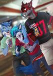  2021 anthro blue_body blue_fur blue_hair blue_nose canid canine canis clothed clothing digital_media_(artwork) domestic_dog fur group hair kammi-lu male mammal red_body red_eyes red_fur smile trio 