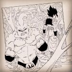  3boys alternate_universe angry artist_name back_turned baggy_pants belt black_border black_sclera border clenched_hands closed_eyes colored_sclera commentary_request dragon_ball dragon_ball_z fenyon gogeta greyscale halftone inside_creature looking_at_another looking_at_viewer majin_buu male_focus metamoran_vest monochrome multiple_boys outside_border pants sash serious shoes short_hair spiked_hair standing super_buu super_saiyan super_saiyan_1 vambraces 