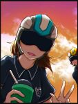  2girls black_border border brown_hair cup drinking_glass earth_defence_force_5 earth_defense_force goggles helmet highres holding medium_hair multiple_girls outdoors polo_shirt sirobasira w wing_diver 