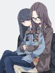  2girls bangs_pinned_back black_hair blue_eyes blue_hair glasses hair_down kagamihara_sakura long_hair multiple_girls purple_eyes shima_rin shiroshi_(denpa_eshidan) simple_background sitting sitting_on_lap sitting_on_person sleeves_past_wrists undressing_another yuri yurucamp 