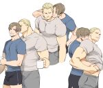  2boys black_shorts blonde_hair blue_eyes blue_shirt brown_hair closed_mouth clothes_lift couple cup dolphin_shorts grey_pants grey_shirt groping holding holding_cup hug hug_from_behind jack_krauser large_pectorals leon_s._kennedy lifted_by_another looking_at_another male_focus multiple_boys muscular muscular_male pants pectorals psmhbpiuczn resident_evil resident_evil_4 resident_evil_darkside_chronicles shirt shirt_lift short_hair shorts smile teeth yaoi 
