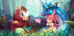  1girl animal_ears ape branch brown_hair douluo_dalu dress forest highres nature pink_dress ponytail rabbit_ears siblings tree weibo_id xiao_wu_(douluo_dalu) zenme_maorongrong_de_a 