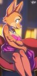  2021 anthro breasts canid canine cleavage clothed clothing diane_foxington dreamworks dress female fox fur hi_res jewelry mammal necklace purple_clothing signature sitting solo the_bad_guys wildblur 