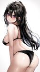  1girl absurdres ass bare_shoulders bikini black_bikini black_hair blush closed_mouth copyright_request highres kudou_(sikisiki0000) long_hair purple_eyes simple_background solo swimsuit white_background 