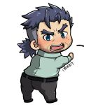  1boy ass bara beard blue_eyes blush chibi collared_shirt dark_blue_hair facial_hair forked_eyebrows from_behind frown full_body gammei_(live_a_hero) hair_strand kemonosuke_(kmskths) leaning_forward live_a_hero looking_at_viewer male_focus shirt short_hair sideburns solo thick_eyebrows tied_hair translation_request undercut 