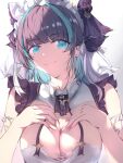  1girl aqua_hair azur_lane bangs breasts cheshire_(azur_lane) cleavage closed_mouth eyebrows_visible_through_hair hair_ribbon hands_on_own_chest large_breasts light_blue_eyes long_hair looking_at_viewer maid_headdress multicolored_hair purple_hair ribbon smile solo two-tone_hair upper_body uwu white_background xi_ying 