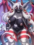  5_fingers anthro breasts claws female fingers hair hi_res kuroame looking_at_viewer membrane_(anatomy) membranous_wings nude open_mouth red_eyes smile teeth tongue white_hair wings 
