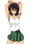  1girl armpits arms_behind_head arms_up bangs black_hair blush bob_cut brown_hair commentary cowboy_shot dark-skinned_female dark_skin girls_und_panzer green_eyes green_skirt highres hoshino_(girls_und_panzer) light_frown looking_at_viewer miniskirt ooarai_school_uniform open_mouth pleated_skirt school_uniform shirt short_hair simple_background skirt solo standing tank_top wakku_kan white_background white_shirt 