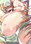  1boy ahoge animal_ears armpit_hair arms_up bara beard belly blue_eyes blush bulge clothes_writing cowboy_shot facial_hair falling fat fat_man from_below furry furry_male highres hombre_tigre_(housamo) large_pectorals male_focus muscular muscular_male navel navel_hair nipples pectorals plump saliva saliva_trail short_hair slime_(substance) solo stomach thick_eyebrows thick_thighs thighs tiger_boy tiger_ears tokiniha_netai_(pm8sleepy) tokyo_afterschool_summoners topless_male white_hair wrestling_outfit 