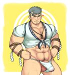  1boy abs bara beard between_pectorals blush bulge chest_hair covered_nipples cowboy_shot cum cum_in_clothes cum_through_clothes erection erection_under_clothes facial_hair fuhan_(fuhan130) fundoshi hachimaki happi headband heart highres japanese_clothes jewelry large_pectorals leg_hair male_focus male_pubic_hair mature_male midriff muscular muscular_male navel navel_hair necklace nipples pectoral_cleavage pectorals penis penis_peek pubic_hair rope short_hair sideburns smile solo stomach stubble thick_eyebrows thick_thighs thighs tokyo_afterschool_summoners water_deity_(housamo) 