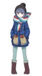  1girl blue_hair boots full_body hands_in_pockets hat jacket purple_eyes scarf shima_rin shiroshi_(denpa_eshidan) solo white_background winter_clothes yurucamp 