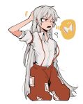  1girl ? bow collared_shirt fujiwara_no_mokou highres iampenguinj long_hair no_headwear open_mouth pants red_eyes shirt short_sleeves silver_hair simple_background solo standing suspenders thought_bubble touhou very_long_hair white_background white_shirt 