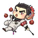  1boy aizen_(housamo) armband bara black_hair blush chibi facial_mark forehead_mark formal full_body kemonosuke_(kmskths) long_sideburns looking_at_viewer lowres male_focus muscular muscular_male necktie pectorals red_eyes short_hair sideburns solo thick_eyebrows tokyo_afterschool_summoners white_necktie 