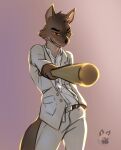  2021 anthro baseball_bat bat_(object) bottomwear canid canine canis clothing dreamworks esahma fur hand_in_pocket hi_res male mammal mr._wolf_(the_bad_guys) pants pockets solo suit teeth the_bad_guys watermark wolf 