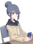  1girl blue_hair cellphone hair_bun phone purple_eyes sailor_collar school_uniform shima_rin shiroshi_(denpa_eshidan) sitting smartphone solo white_background yurucamp 