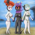  anthro beach bikini black_body blubluumon breasts butt clothing female group hand_holding hi_res jewelry legendary_pok&eacute;mon male marshadow marshadow_(zenith_form) meloetta meloetta_(aria_form) meloetta_(pirouette_form) nintendo pok&eacute;mon pok&eacute;mon_(species) sea seaside shadow shiny_pok&eacute;mon swimwear trio video_games water white_body 