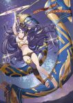  1girl anklet armlet artist_request barefoot black_hair breasts detached_sleeves earrings fate/grand_order fate_(series) flying heavenly_boat_maanna highres hoop_earrings ishtar_(fate) jewelry long_legs navel open_mouth red_eyes single_detached_sleeve single_thighhigh small_breasts smile solo thighhighs 