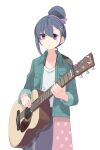  1girl blue_hair guitar hair_bun holding holding_instrument instrument jacket purple_eyes shima_rin shiroshi_(denpa_eshidan) solo white_background yurucamp 