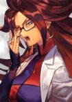  1girl adjusting_eyewear android_21 blue_eyes brown_hair checkered_clothes checkered_dress curly_hair dragon_ball dragon_ball_fighterz dress earrings glasses hoop_earrings hungry_clicker jewelry labcoat long_hair looking_at_viewer open_mouth profile ring solo upper_body 