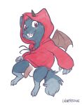  4_toes 5_fingers anthro clothing feet fingers fur grey_body grey_fur hoodie horn male membrane_(anatomy) membranous_wings red_clothing red_eyes red_hoodie red_topwear simple_background smile solo teeth toes topwear unimpressive white_background wings 