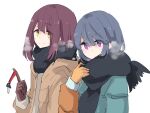  blue_hair breath brown_hair gloves green_eyes jacket key medium_hair purple_eyes scarf shima_rin shiroshi_(denpa_eshidan) smile toki_ayano white_background yellow_eyes yurucamp 