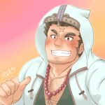  1boy :d bara bead_necklace beads blush chest_hair cross_scar facial_hair goatee green_kimono grin hood hood_up hooded_jacket houzouin_oniwaka jacket japanese_clothes jewelry kemonosuke_(kmskths) kimono long_sideburns male_focus mature_male muscular muscular_male necklace open_clothes open_jacket pectoral_cleavage pectorals pointing pointing_at_self scar scar_on_face scar_on_forehead short_hair sideburns smile solo stubble thick_eyebrows tokyo_afterschool_summoners upper_body 