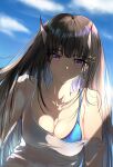  1girl azur_lane bangs bare_shoulders black_hair blue_bra blue_sky blush bra bra_strap breasts cleavage collarbone earrings eyebrows_visible_through_hair from_behind hair_ornament hairclip highres horns jewelry long_hair looking_at_viewer medium_breasts noshiro_(azur_lane) open_mouth purple_eyes shirt sky solo teeth underwear upper_body white_shirt xi_ying 