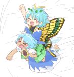  &gt;_&lt; 2girls antennae aqua_hair arm_up barefoot blue_bow blue_dress blue_hair blush_stickers bow butterfly_wings cirno closed_eyes collared_shirt dress eternity_larva eyebrows_visible_through_hair fairy flower green_dress hair_between_eyes hair_bow highres ice ice_wings kumamoto_(bbtonhk2) leaf leaf_on_head multicolored_clothes multicolored_dress multiple_girls open_mouth puffy_short_sleeves puffy_sleeves shirt short_hair short_sleeves single_strap smile sunflower tanned_cirno touhou white_background white_shirt wings 