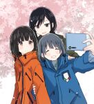  3girls ^_^ black_eyes black_hair blue_hair blush brown_eyes cellphone cherry_blossoms closed_eyes eniwa_shii grin jacket koguma_(super_cub) multiple_girls phone ponytail reiko_(super_cub) selfie shiroshi_(denpa_eshidan) short_hair smartphone smile super_cub 