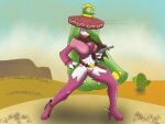  absurd_res bandolier big_breasts boots breasts clothing desert detailed_background female footwear gloves gun hair hair_over_eye handgun handwear hat headgear headwear hi_res humanoid mercedes_(atomic417) midriff mouth_covered nintendo nopal not_furry one_eye_obstructed pok&eacute;mon pok&eacute;mon_(species) poncho ranged_weapon reapcreates831 revolver signature solo sombrero spurs thong tsareena underwear video_games watermark weapon 