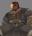  1boy abs bad_id bad_twitter_id bara blush bulge dark-skinned_male dark_skin erection erection_under_clothes eyebrow_cut feet_out_of_frame flaming_eye from_below hephaestus_(housamo) highres large_pectorals looking_at_viewer male_focus mature_male muscular muscular_male nipples open_jumpsuit pants pants_rolled_up pectoral_cleavage pectorals red_eyes scar scar_on_chest short_hair solo thick_eyebrows thick_thighs thighs tokyo_afterschool_summoners tora_(toratgy) unfinished very_dark_skin 