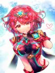 bangs black_gloves breasts chest_jewel earrings fingerless_gloves gloves jewelry lapia large_breasts pyra_(xenoblade) red_eyes red_hair red_shorts short_hair short_shorts shorts swept_bangs thighhighs tiara xenoblade_chronicles xenoblade_chronicles_(series) xenoblade_chronicles_2 