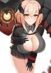  1girl absurdres azur_lane black_jacket black_skirt breasts cowboy_shot eyebrows_visible_through_hair hand_on_own_chest headgear highres huge_breasts jacket leaning_forward light_brown_hair looking_at_viewer mechanical_animal mechanical_hands medium_hair miniskirt partially_unbuttoned red_hair rihua_(shichangcwy) roon_(azur_lane) simple_background skirt solo standing white_background yellow_eyes 