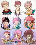  1boy a2t_will_draw akutami_gege_(style) angry araki_hirohiko_(style) bandana black_hair bleach boku_no_hero_academia boned_meat chain closed_mouth copyright_name dragon_ball dragon_ball_z electricity evil_smile extra_eyes facial_mark food forehead_mark green_lips highres holding horikoshi_kouhei_(style) isayama_hajime_(style) itadori_yuuji jojo_no_kimyou_na_bouken jujutsu_kaisen kishimoto_masashi_(style) kubo_tite_(style) light_brown_hair male_focus meat menacing_(jojo) multicolored_hair multiple_style_parody naruto naruto_(series) oda_eiichirou_(style) one_piece open_mouth parody pink_hair red_eyes ryoumen_sukuna_(jujutsu_kaisen) shingeki_no_kyojin smile spiked_hair style_parody titan_(shingeki_no_kyojin) toriyama_akira_(style) two-tone_hair 