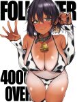  1girl absurdres animal_print antyobi0720 bell bikini black_hair blush breasts cleavage covered_nipples cow_print eyebrows_visible_through_hair girls_und_panzer green_eyes highres hoshino_(girls_und_panzer) large_breasts leaning_forward looking_at_viewer milestone_celebration navel neck_bell short_hair smile solo swimsuit tan tanlines tongue tongue_out white_bikini 