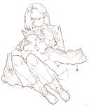  1boy 1girl bare_shoulders boots breasts brown_hair chest_jewel embers headpiece highres lap_pillow large_breasts linzi looking_at_another monochrome nintendo pyra_(xenoblade) red_hair rex_(xenoblade) shirt short_hair sketch sleeping sleeping_on_person smile thighhighs xenoblade_chronicles_(series) xenoblade_chronicles_2 