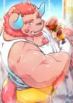  1boy alternate_costume arm_hair bara blue_eyes blush casual chernobog_(housamo) chest_hair curled_horns demon_horns facial_hair food forked_eyebrows from_above furry furry_male goatee highres horns kebab male_focus mature_male muscular muscular_male orange_hair pants pectoral_cleavage pectorals pink_fur shirt short_hair sideburns skewer solo tail tank_top thick_eyebrows tokiniha_netai_(pm8sleepy) tokyo_afterschool_summoners tusks upper_body white_shirt white_tank_top yellow_pants 