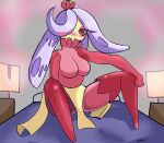 2021 bed bedroom blush breasts clothing female furniture hair hair_over_eye hi_res humanoid mouth_covered nintendo not_furry one_eye_obstructed pok&eacute;mon pok&eacute;mon_(species) purple_hair red_eyes sheico signature sitting solo tsareena video_games yellow_body 