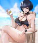  1girl bangs beach bikini black_hair blue_sky blunt_bangs bracelet breasts chair cleavage crossed_legs highres holding jewelry medium_breasts necklace ocean open_mouth outdoors persona persona_5 short_hair sitting sky smile solo spiked_bracelet spikes swimsuit takemi_tae tommy_(kingdukeee) 