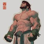  1boy abs absurdres areolae beard black_gloves black_hair boxing_gloves dougi facial_hair forked_eyebrows frown gloves head_tilt headband highres male_focus mature_male muscular muscular_male navel pants pectorals pouty_lips ryu_(street_fighter) short_hair sideburns solo stomach street_fighter thick_eyebrows topless_male white_pants will_murai 