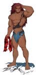 1boy abs absurdres bara barefoot beard dark_skin facial_hair ganondorf gerudo highres large_pectorals long_hair looking_at_viewer male_focus mature_male muscular muscular_male open_mouth pectorals pointy_ears red_eyes red_hair reiner55 smile solo the_legend_of_zelda torn_clothes 
