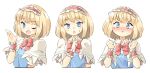  1girl :o :t ;d alice_margatroid annoyed arnest bangs blonde_hair blue_eyes blush bob_cut bow bowtie capelet clenched_hands closed_mouth cropped_torso dot_nose expressions eyebrows_visible_through_hair finger_to_own_chin frilled_cuffs frilled_hairband frills from_side full-face_blush furrowed_brow hairband hand_up hands_up highres index_finger_raised lolita_hairband looking_at_viewer looking_to_the_side multiple_views no_nose nose_blush one_eye_closed open_mouth pale_color parted_lips pout puffy_short_sleeves puffy_sleeves raised_eyebrow red_bow red_bowtie red_hairband shiny shiny_hair shiny_skin short_hair short_sleeves simple_background smile straight-on sweat tearing_up touhou upper_body v-shaped_eyebrows white_background white_capelet wide-eyed wing_collar wrist_cuffs 