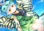  1girl absurdres antennae aqua_hair bare_legs butterfly_wings closed_mouth day dress eternity_larva eyebrows_visible_through_hair fairy green_dress hair_between_eyes highres kanzakietc leaf leaf_on_head looking_at_viewer multicolored_clothes multicolored_dress short_hair single_strap solo touhou wings yellow_eyes 