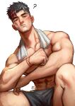  1boy abs arm_hair bara bare_shoulders black_hair greenteaa grey_shorts highres male_focus mature_male multicolored_hair muscular muscular_male original red_hair short_hair shorts sitting solo spiked_hair streaked_hair thick_eyebrows topless topless_male towel towel_around_neck 