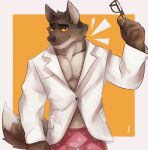  2021 5_fingers absurd_res anthro biped boxers_(clothing) brown_body brown_fur canid canine canis clothed clothing dreamworks eyewear fingers fur heart_boxers heart_underwear hi_res holding_eyewear holding_glasses holding_object jacket looking_at_viewer makowolf1 male mammal mr._wolf_(the_bad_guys) muscular muscular_anthro muscular_male pecs pink_clothing pink_underwear solo the_bad_guys topwear underwear white_clothing white_jacket white_topwear wolf yellow_sclera 